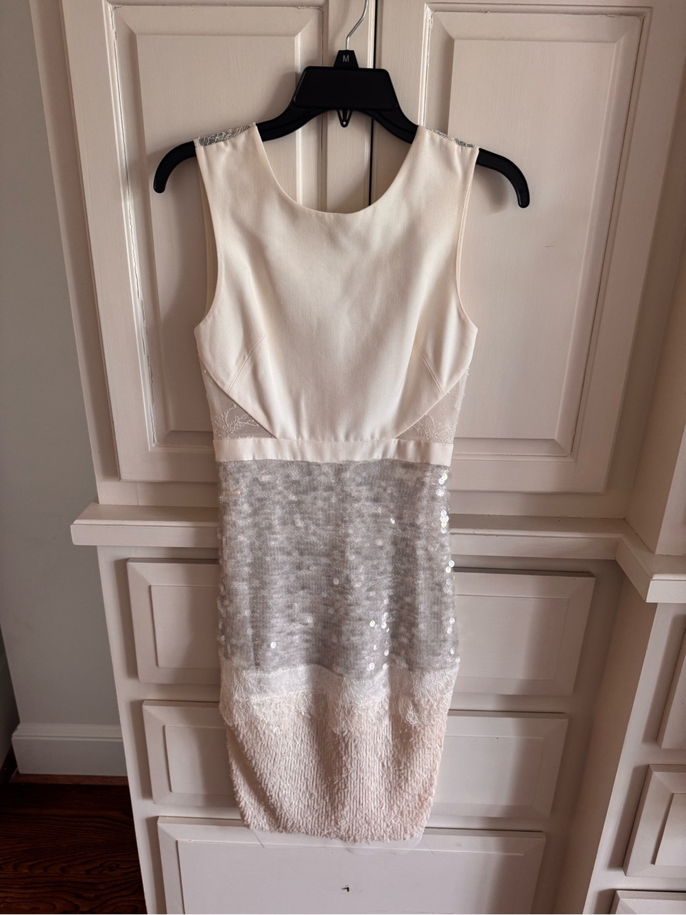 BCBGMaxAzria Ivory and Silver Sequin Midi Sheath Dress